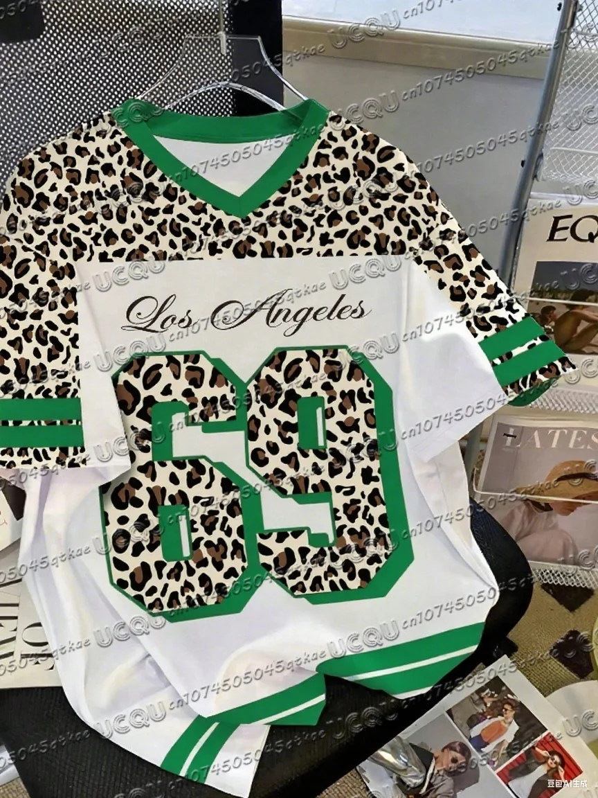 

Летняя модная женская базовая футболка с леопардовым принтом Лос-Анджелес и v-образным вырезом, мужская футболка с коротким рукавом, футболки
