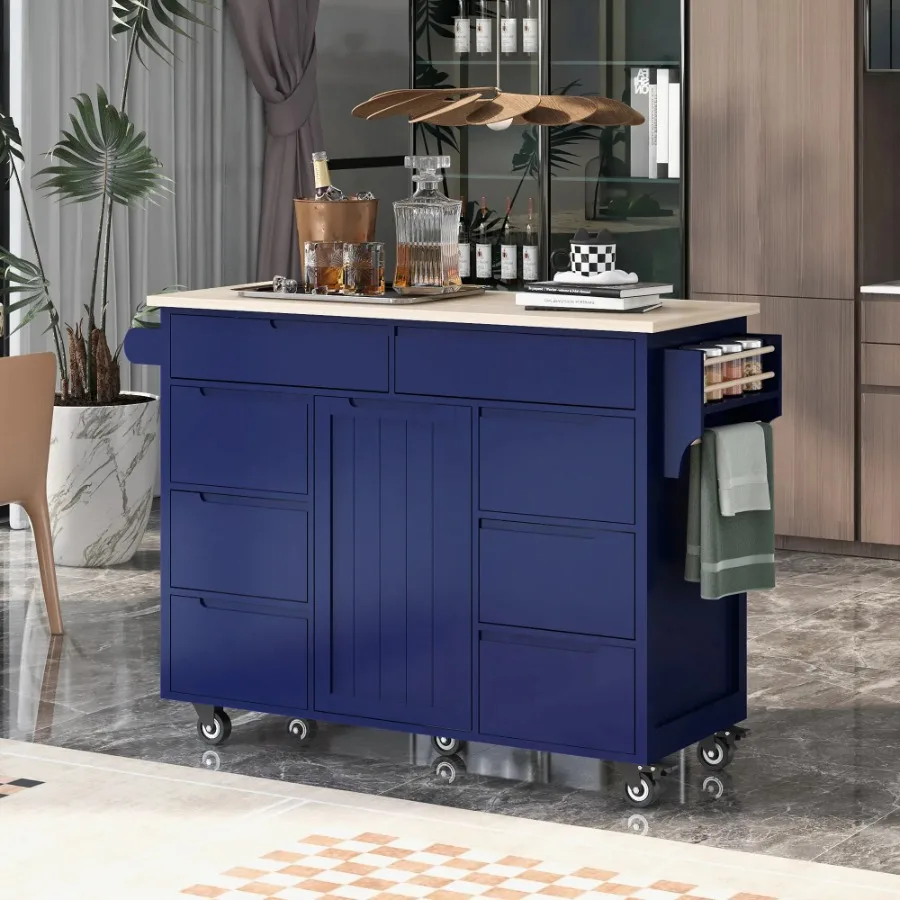 

Kitchen Cart with Rubber Wood Countertop 8 Handle-Free Drawers Including Flatware Organizer 5 Wheels Dark Blue
