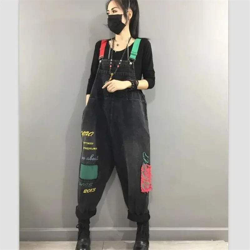 2024 Spring Autumn New Overalls Casual Loose Print Denim Bib Pants Fashion Denim Wide Leg Suspender Pants Pocket Jumpsuits