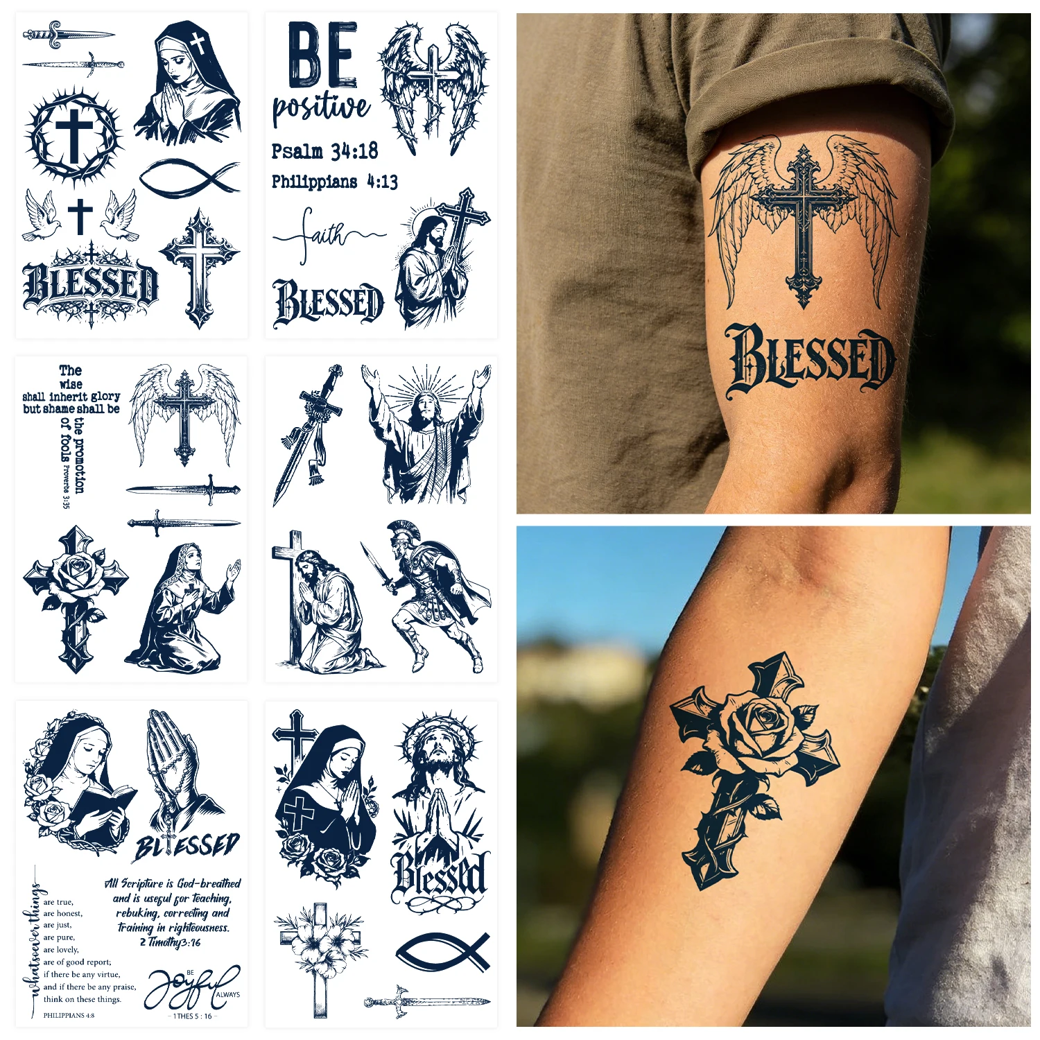 

Semi Permanent Christian Cross Temporary Tattoo ,Christian Motivational Bible Verse Quotes Words and Cross Temporary Tattoos