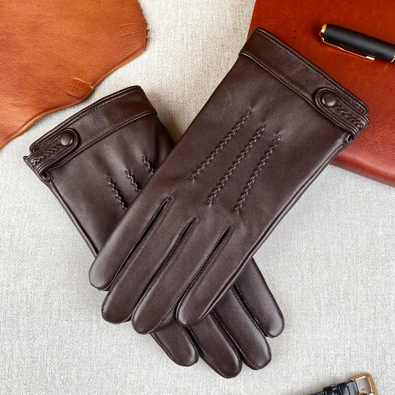 black genuine leather gloves for men winter warm touch screen driving and cycling sheepskin gloves for business