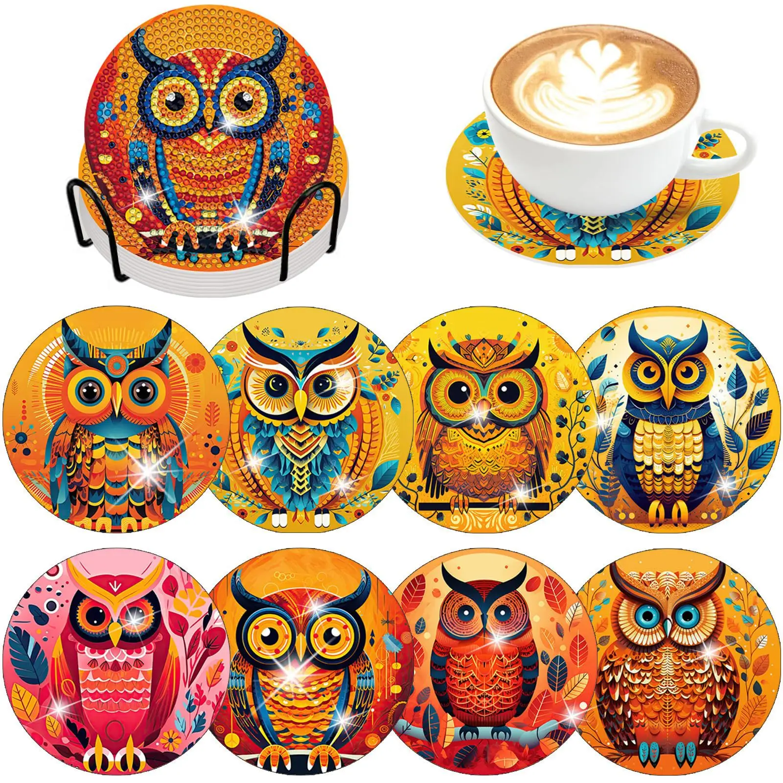 

CHENISTORY 8pc/sets Diamond Painting Coasters With Holder Owl Animal Coaster Round Diamond Art Kits For Beginners Kids Craft