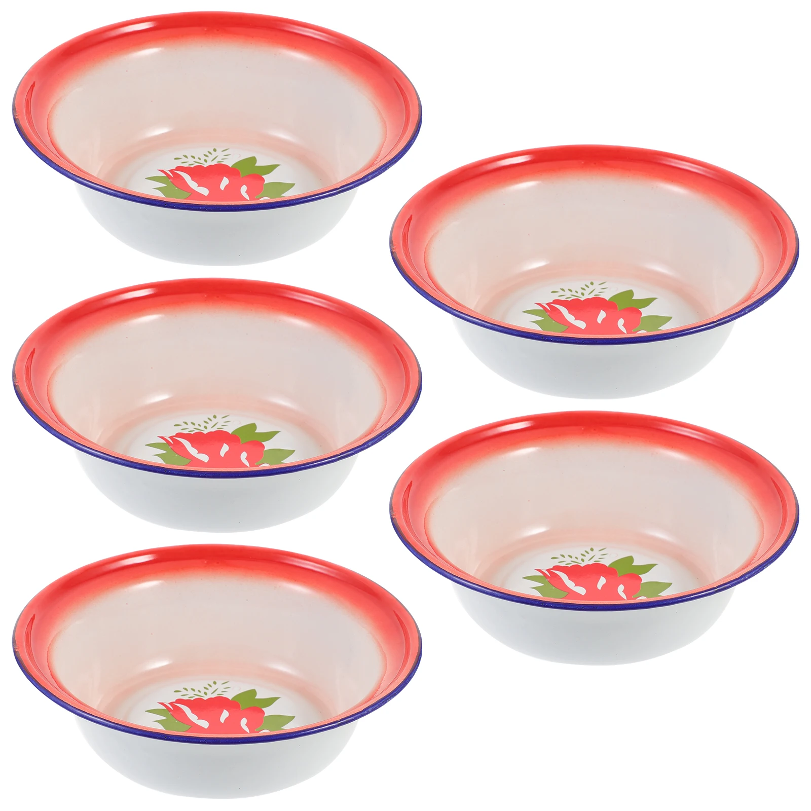 

5 Pcs Enamel Bowls 16cm Red Floral Vintage Kitchenware Soup Bone Metal Bowl Dishes Storage Camping House Salad