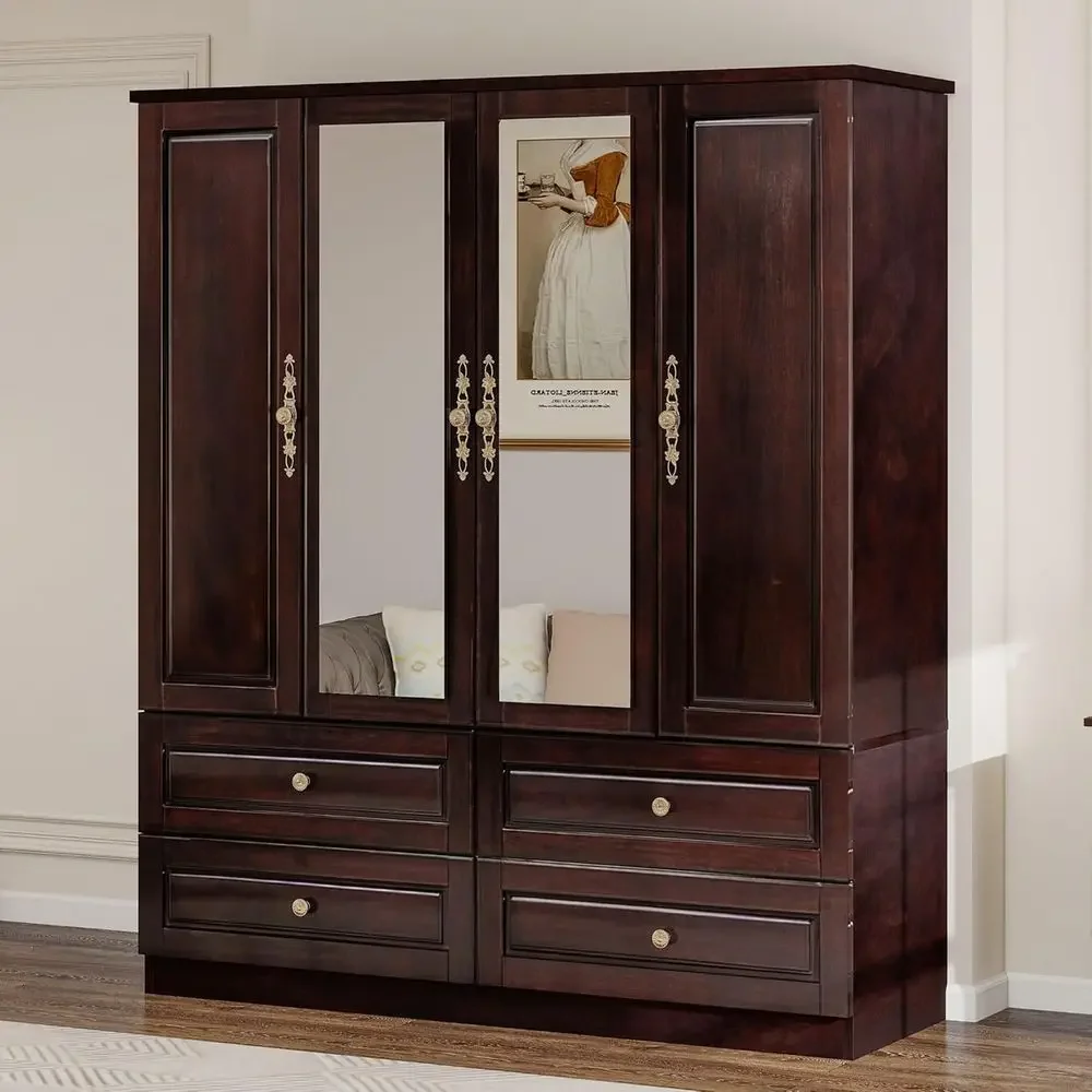

Special OfferSolid Wood Armoire Wardrobe: 4 DoSolid Wood Bedroom Armoires With 2 Mirr& Hangingrod Clothes Cabinet Storage With 4