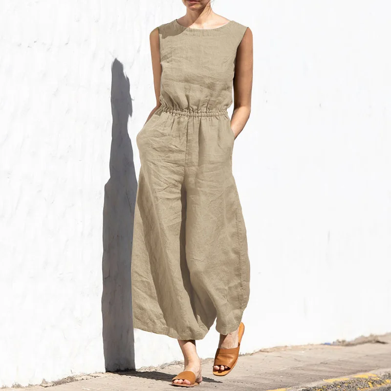 New Cotton And Linen Jumpsuit Women Solid Sleeveless Pocket High Waist Wide Legs Jumpsuits Casual Commuting Ladies Bodysuits