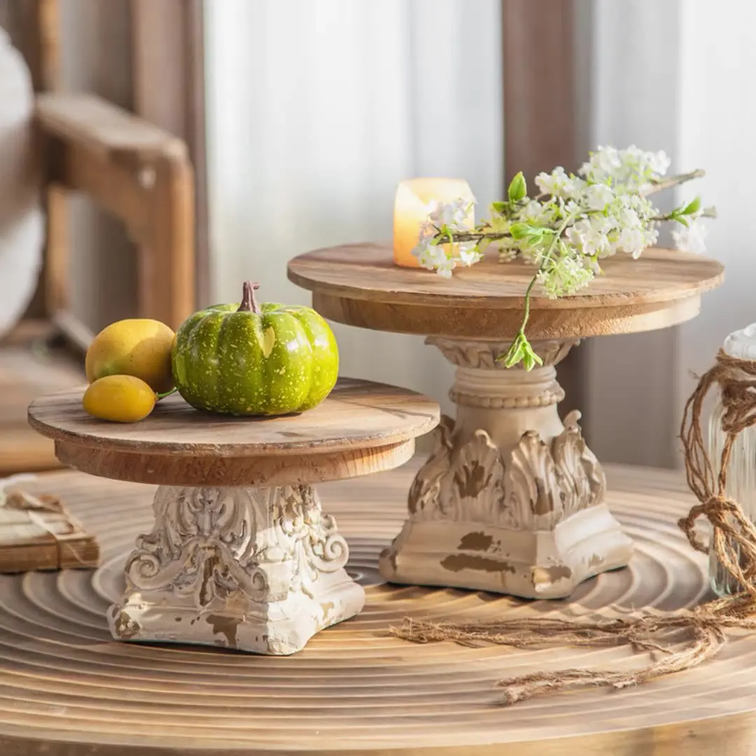 Handmade Wooden Display Storage Tray, Weathered White Risers, Carving Column, Cake Stand, Kitchen Decoration, Candle Holder