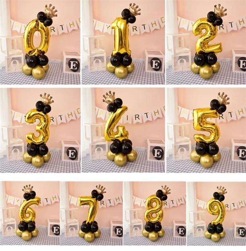 16 Stück 32 Zoll Zahlenfoliensäule Chrom Gold Schwarz Luftballons Geburtstag Party Dekorationen Kinder Junge Mädchen 1 2 3 4 5 6 7 8 9 Jahre alt