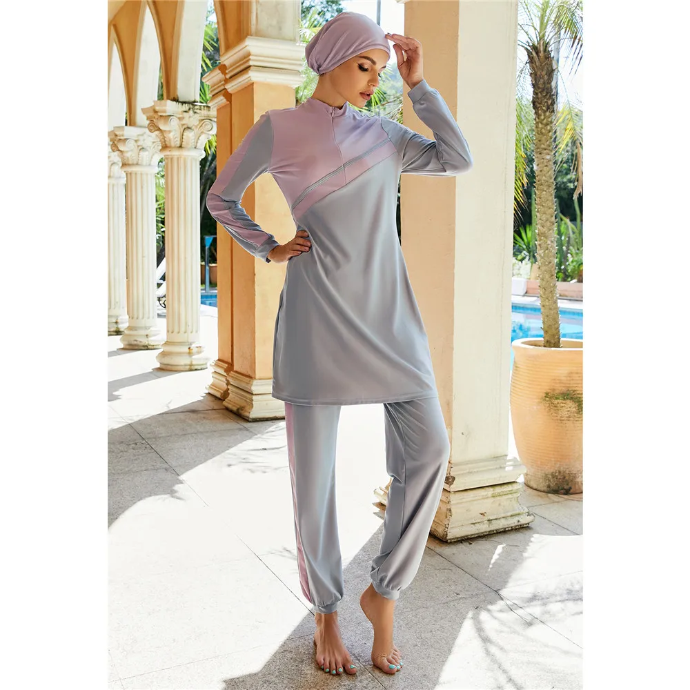 

2024 Muslim Modest Swimwear Women Long Sleeve Tops Pants Swimsuit 3pcs Islamic Burkini Full Cover Swim Bathing Suit Beachwear