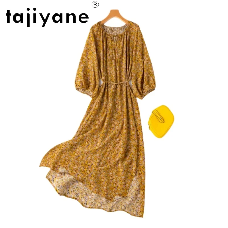 

TAJIYANE 100% Mulberry Silk Dress Woman Summer 2025 Elegant Yellow Long Dresses Party Printed Frocks Ladies Clothes Vestidos