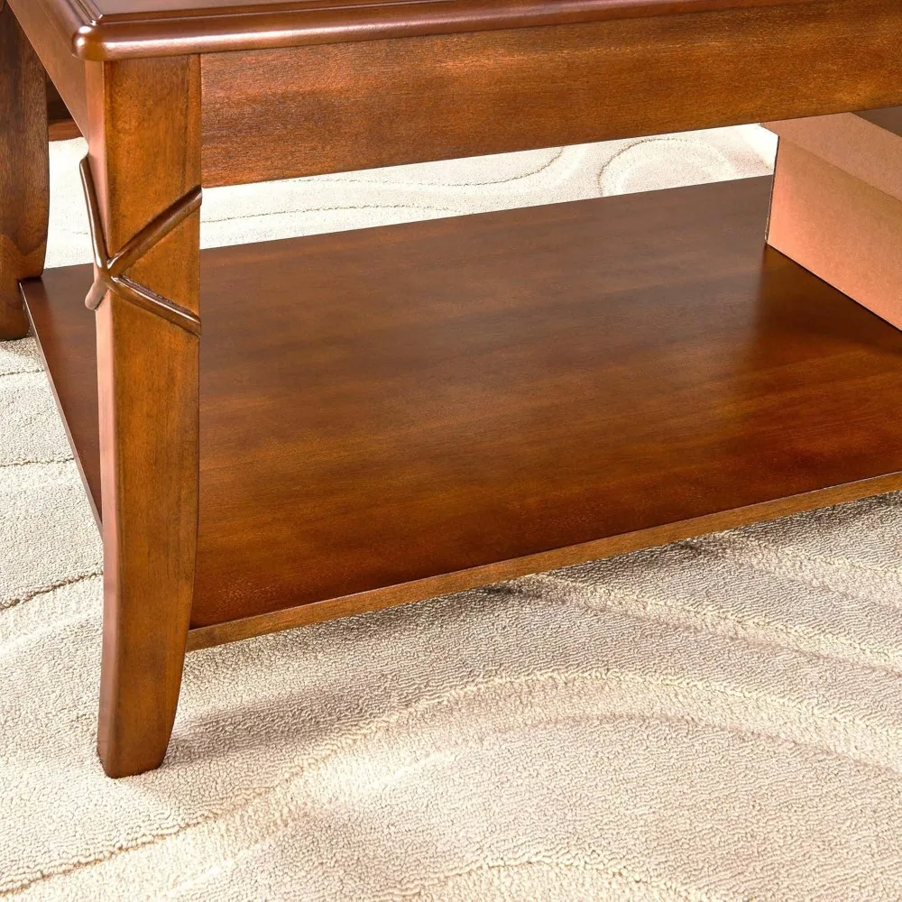 Solid Wood Coffee Table with Storage Shelf, Mid-Century Living Room Table with Wood Carved Tabletop and Leg, 43.3” Splicing Coc