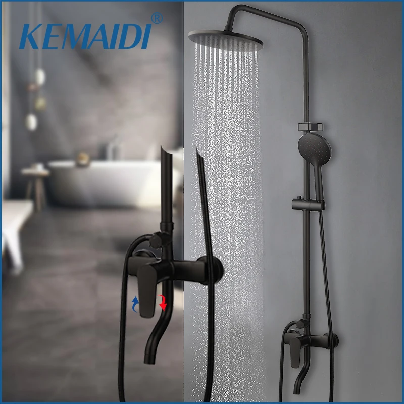 KEMAIDI Matte Black Rainfall Shower Faucet Bathtub Shower Systerm W/hand Sprayer Faucets Exposed Shower Set For Outdoor Bath