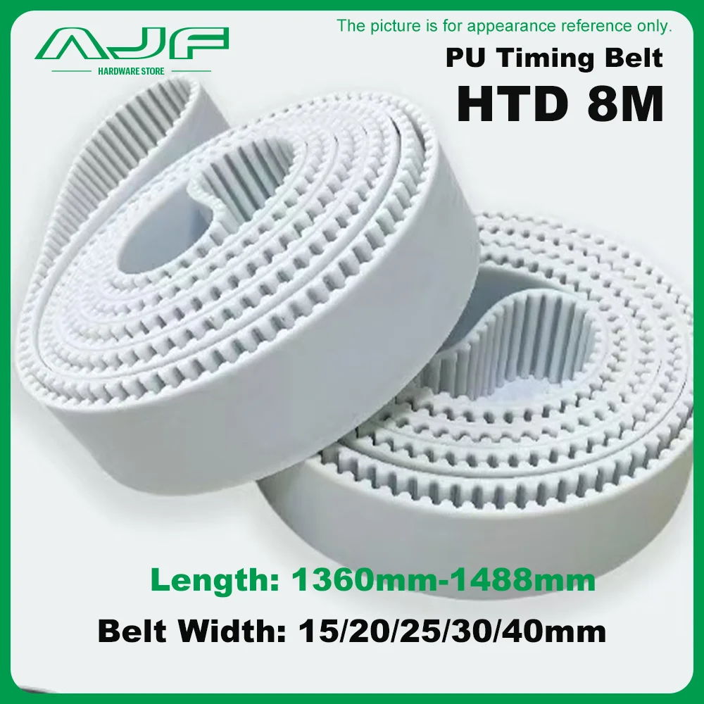 HTD8M PU Timing Belt 15/20/25/30/40mm Width White Polyurethane Toothed Belt 1360-1488mm Closed Loop Gear Belt