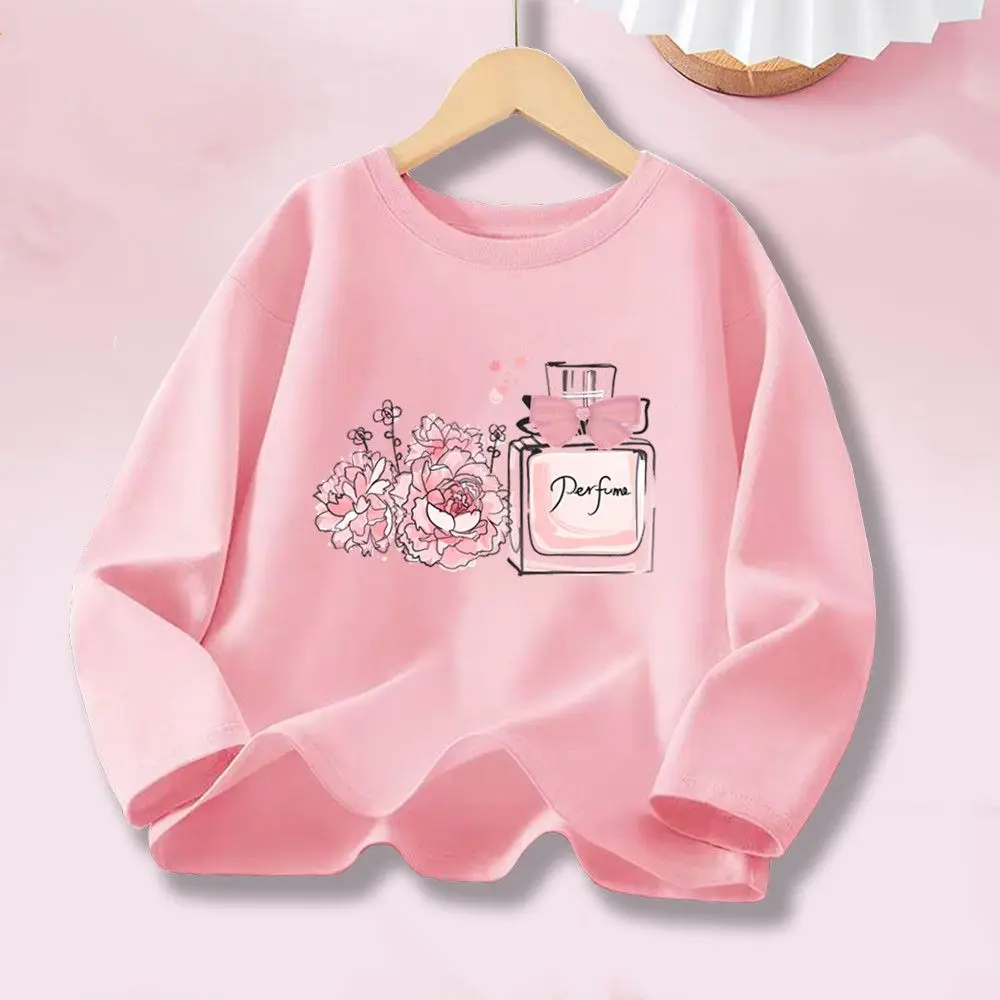 Mädchen Frühling Herbst Freizeit Weiches und Bequemes Süßes T-Shirt Kinder Blumen Parfümflasche Langarm Baumwoll-T-Shirt Oberteil