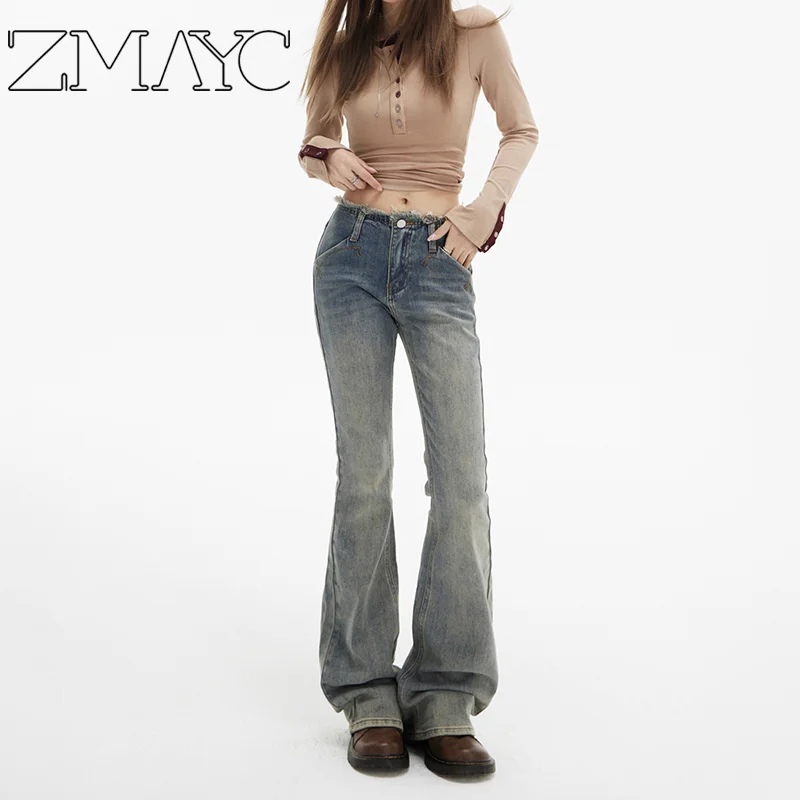 ZMAYC-pantalones acampanados de mezclilla de cintura baja con borde crudo Vintage, ropa de calle informal de moda para otoño/invierno, pantalones vaqueros elásticos adelgazantes para mujer