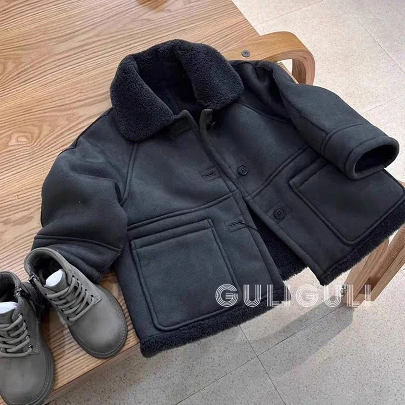 Winter New Boys Jacket Patchwork Lamb Fleece Lining Thick Keep Warm Single-breasted Lapel Outwear For 2-8Y Boys Fashion Overcoat