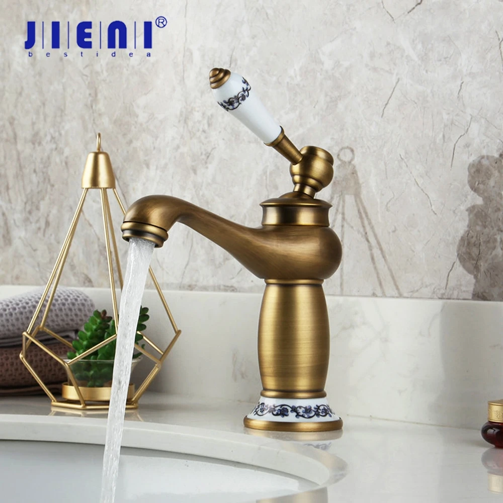 

JIENI RU Solid Antique Brass Faucet Stream Spout Deck Mounted Bathroom Basin Sink Hot And Cold Water Retro Mixer Vanity Taps