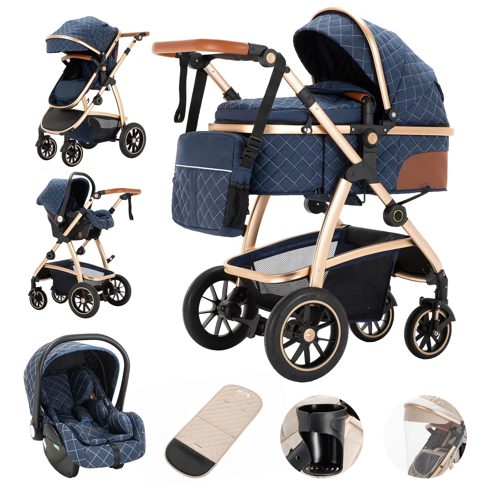 3-in-1-Babykinderwagen, Kinderwagen mit hoher Landschaft, verstellbarer Griff, Reise-Kinderwagen mit Moskitonetz, Kinderwagen, Aluminiumrahmen