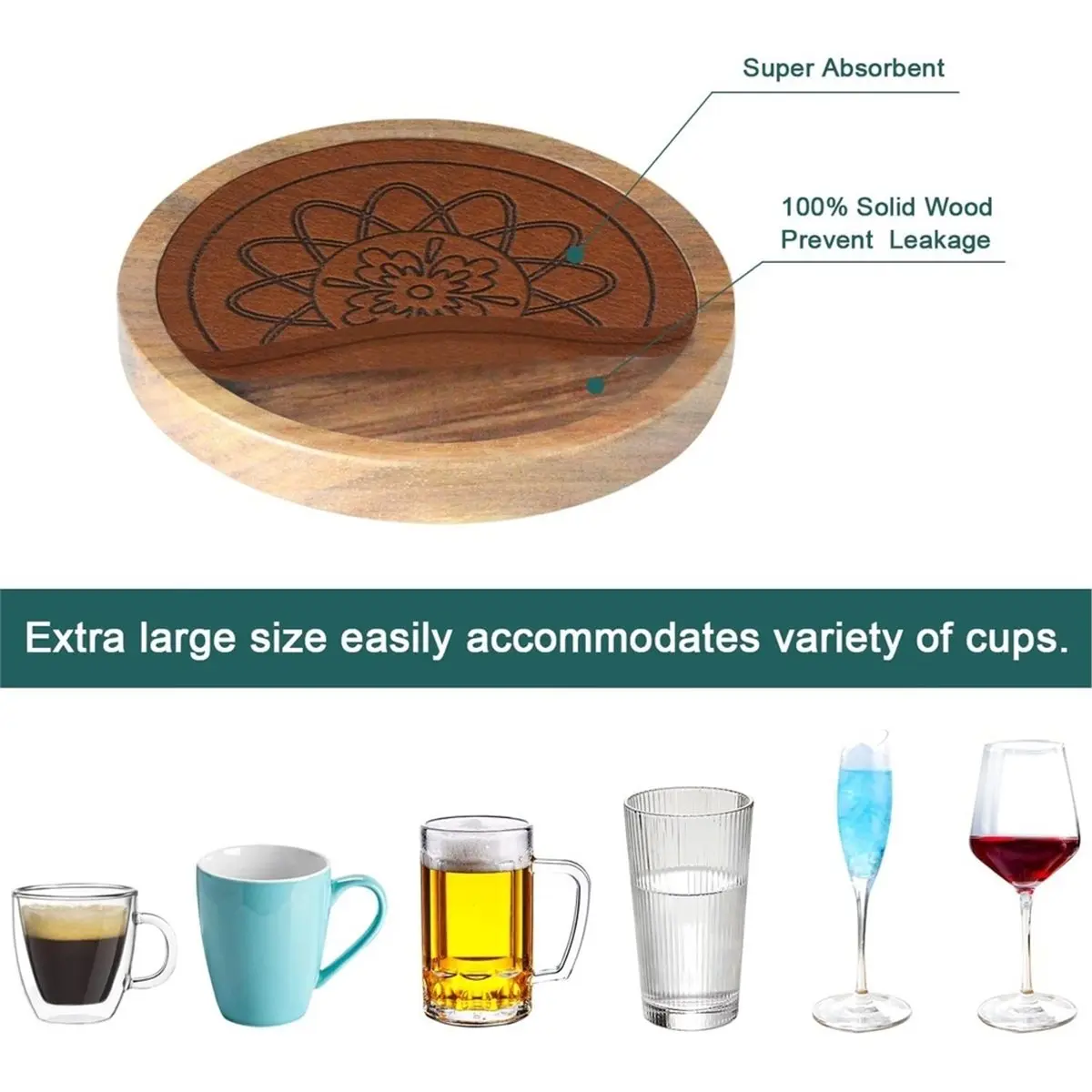 5 Pack Wood Coasters for Drinks, Absorbent Coaster Set, Drinks Coasters for Coffee Tabletop Protection 4.3 Inch Brown