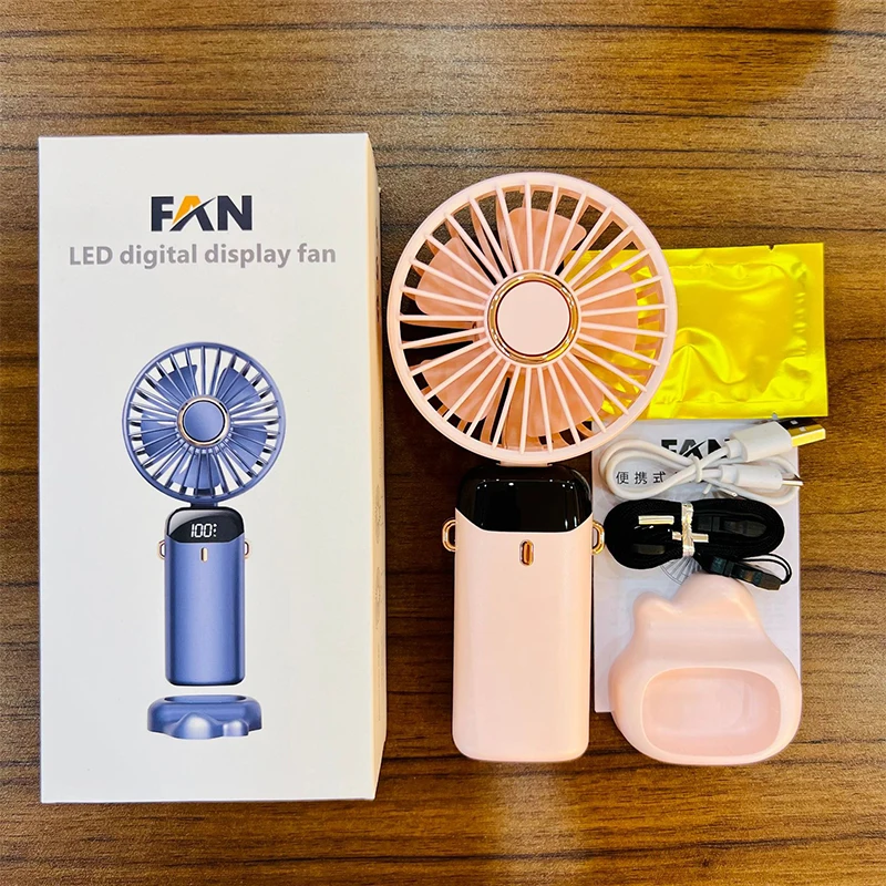 Ventilador recargable por Usb de 5 velocidades con soporte para teléfono, Mini ventilador de mano con pantalla de visualización, Plegable, portátil,