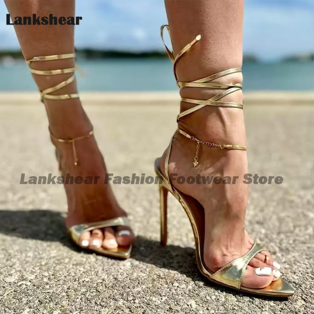 

Gold Soft Leather Ankle Strap Sandals Open Toe Shallow Pointy Toe Summer Sandals Fashion Party Women Shoes Zapatos Para Mujere