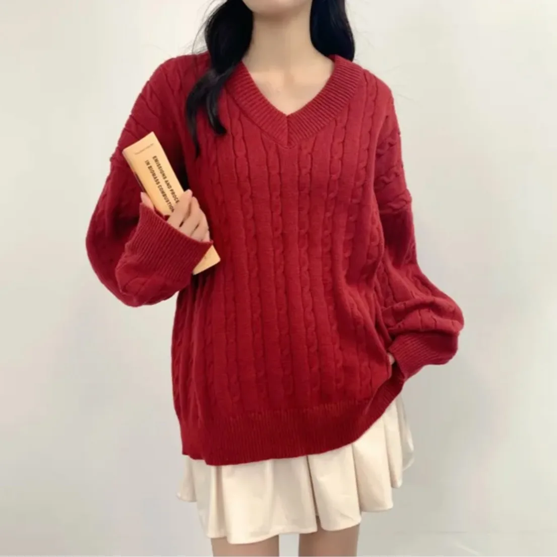 Chique v-ne camisola de malha feminina outono inverno solto longo sle retro torção macio confortável versátil casual commute faion