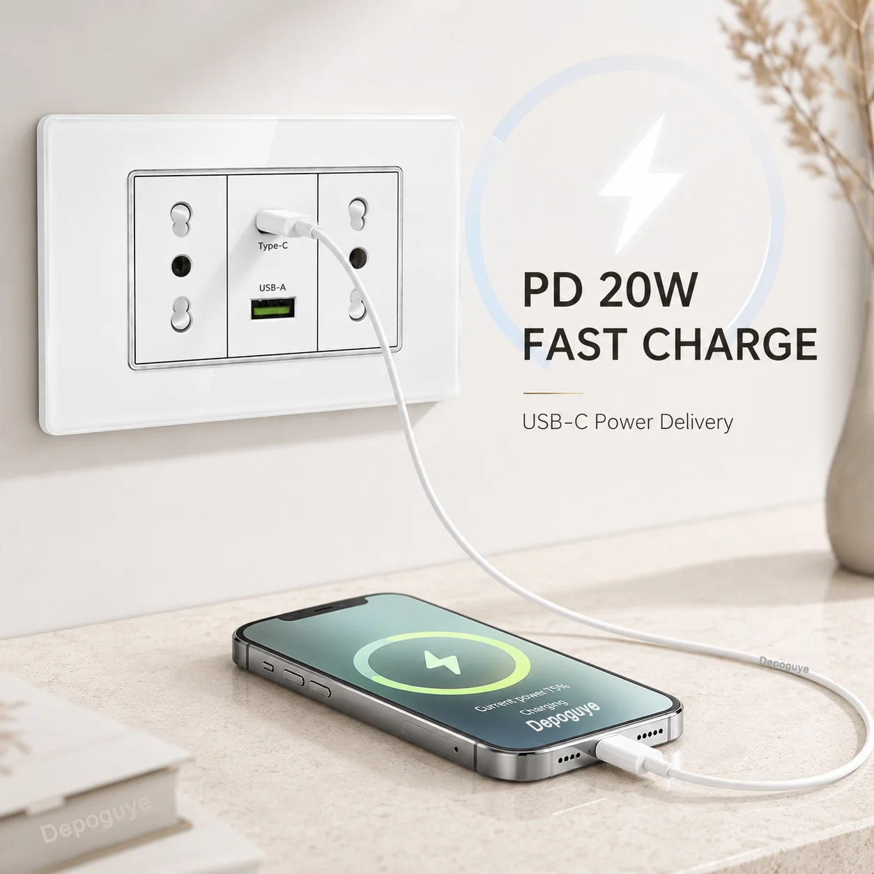 White Tempered Glass Italy USB Type C Smart Fast Charging Wall Socket Plugs Schuko Light Switch Panel Chile TV Sat Computer CAT6