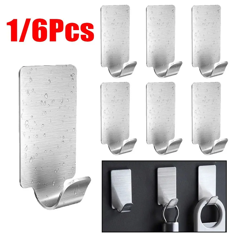 1/6Pcs Self Adhesive Stainless Steel Hook Small Wall Hanger Hook Bathroom Organizer Towel Rack Multi-purpose Kitchen Hook