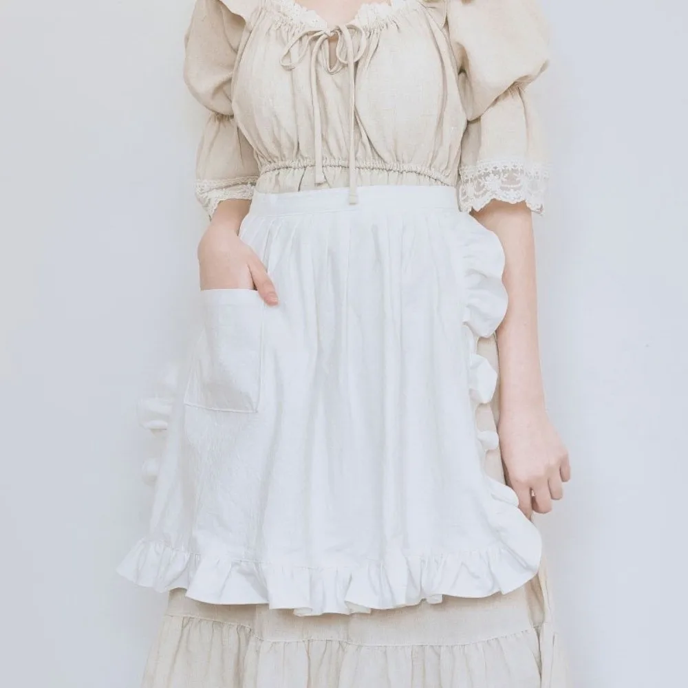 Popular White Half Body Apron Cotton Material Ruffle Edge Work Apron with Pocket Anti Fouling Short Apron For Cafe