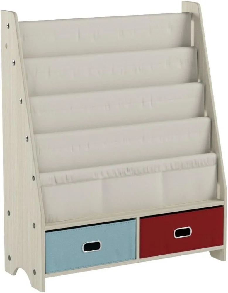 Seirione Schreibtisch Bücherregal Kinder Bücherregal, 4 Schlinge Bücherregal, 2 Aufbewahrung boxen und Spielzeug Organizer Regale, beige