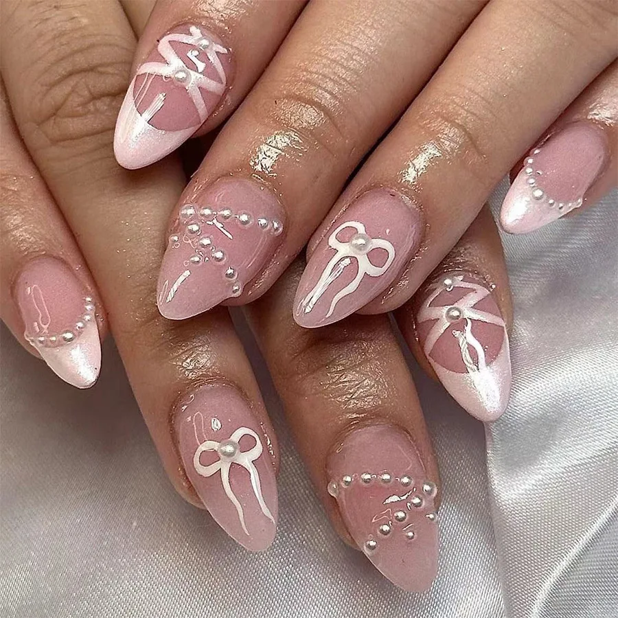 24pcs Chic Pink Almond-Shaped Press-On Nails with 3D Bow & Pearl Accents-Glossy Finish Short Length - Perfect for Women & Girls