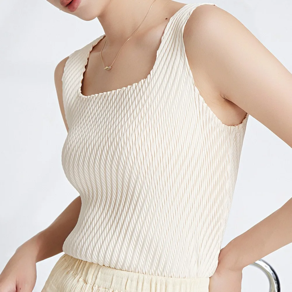 

Miyake Pleated Top Sexy Spice Girls Summer Temperament Sleeveless Fashion Peplum Camisole T-Shirt