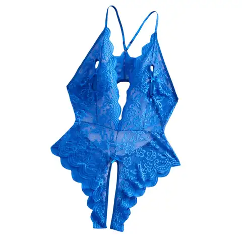 Yeni Büyük Beden Mavi Derin V Açık Sırtlı Dantel Body Teddy Babydoll