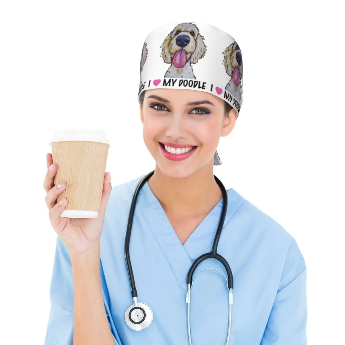 I Love My Doodle, Golden Doodle Art, Doodle Scrub Hat Doctor Working Surgical Cap Men Women Adjustable Nursing Caps for Dentist