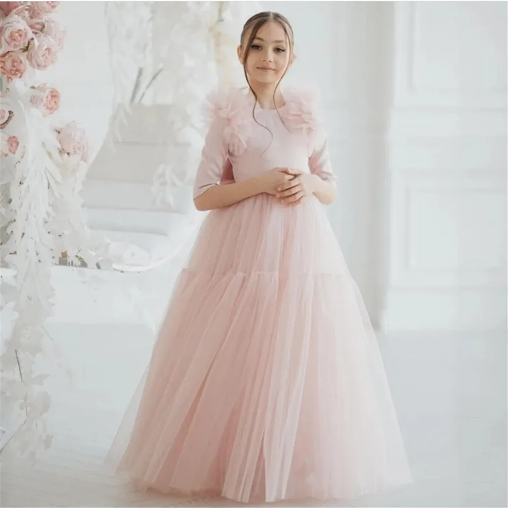 Customized 2025 Flower Girl Dress For Wedding Half Sleeve Pleated Tulle Pageant Kids Birthday First Communion Bridesmaid Gown