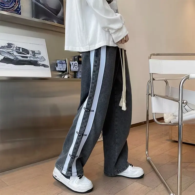 Men Skeleton Baggy Causal Jeans Pants 2024 Japanese Streetwear Wide Leg s Male Blue Vintage Denim Trousers