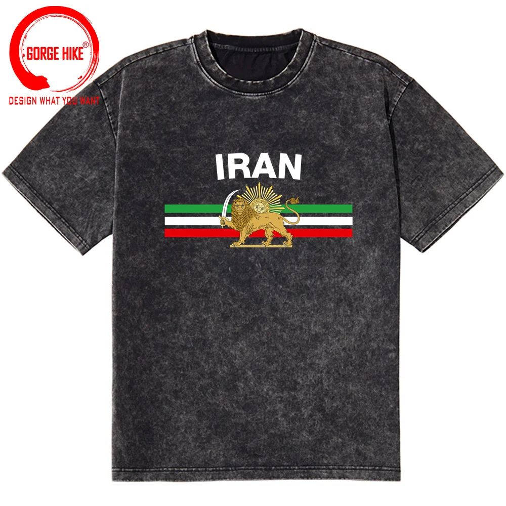 Vintage Hip Hop Streetwear Washed Cotton T-Shirt Iran Coat of Arms Flag Souvenir Iranian Persian Revolution Lion And Sun T-Shirt