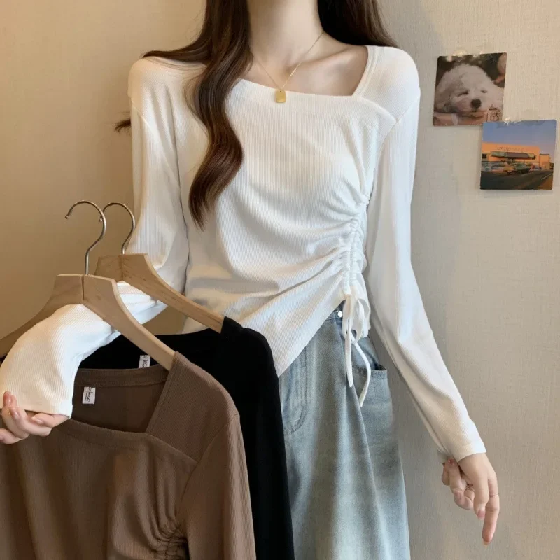 

Весенняя новая мода для похудения с длинным рукавом, базовый слой, топ больших размеров, женская футболка в корейском стиле с квадратным воротником и рукавами