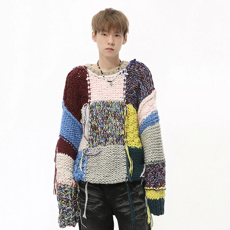 IEFB Fashion Men's Sweaters Round Collar Tassel Patchwork Knitting Top Contrast Color Male Pullover Clothing Korean Style 9C7873