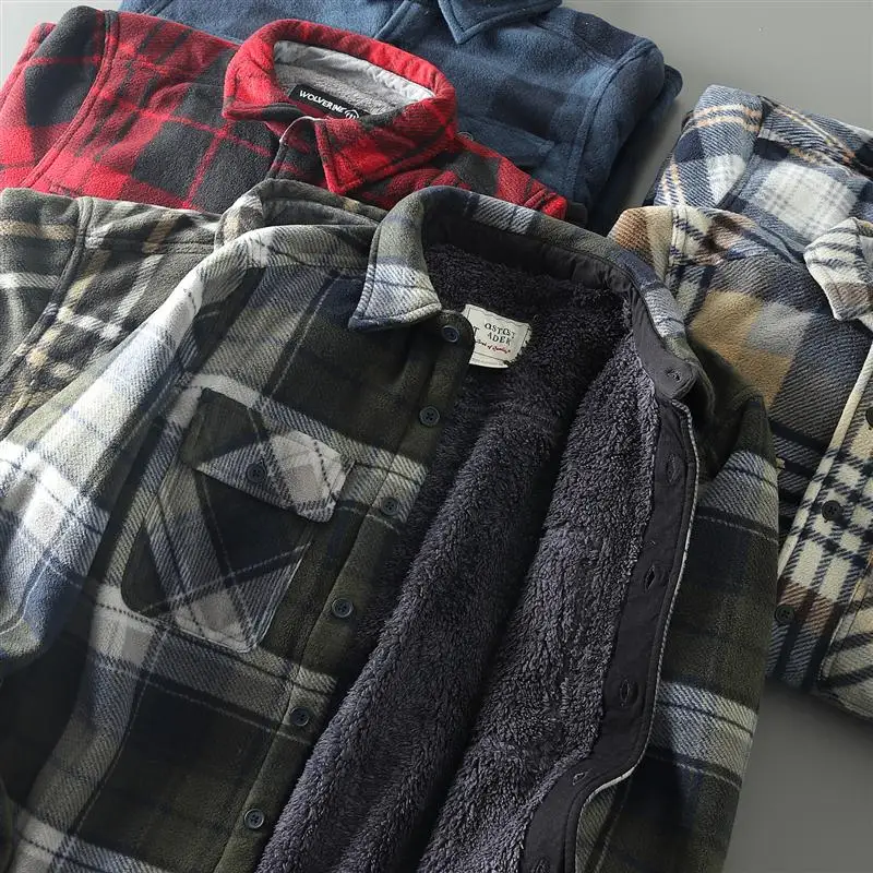 

Thiened Double-sided Velvet Warm Plaid irt Jaet for Men American Sle Vintage Winter Outerwear Youth Trend Autumn
