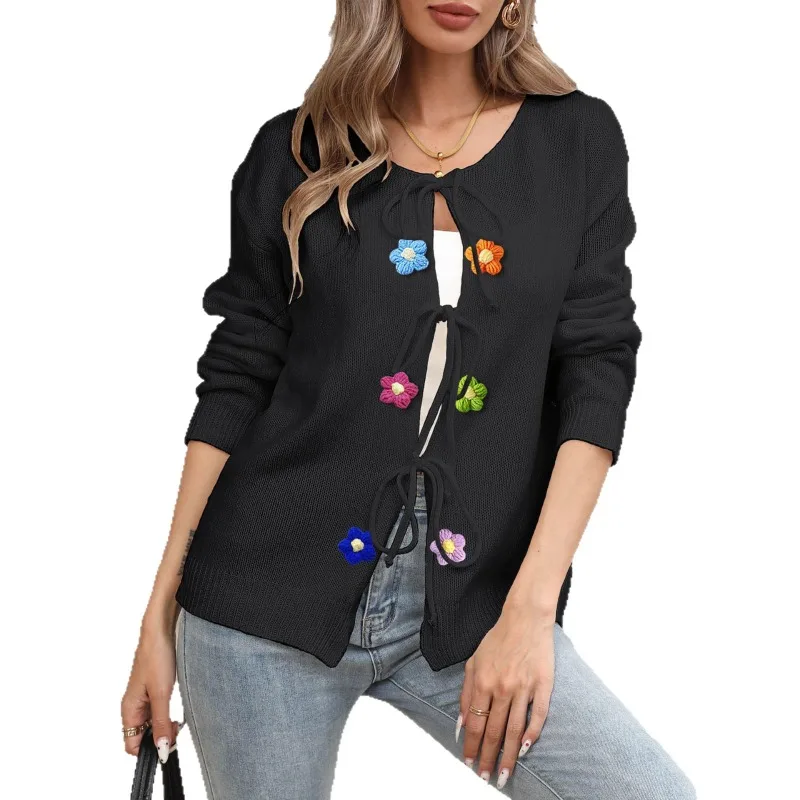 

Women's Woven Jacket Women's Autumn and Winter New Straps Bow Hand Crochet Splicing Sweater Cardigan