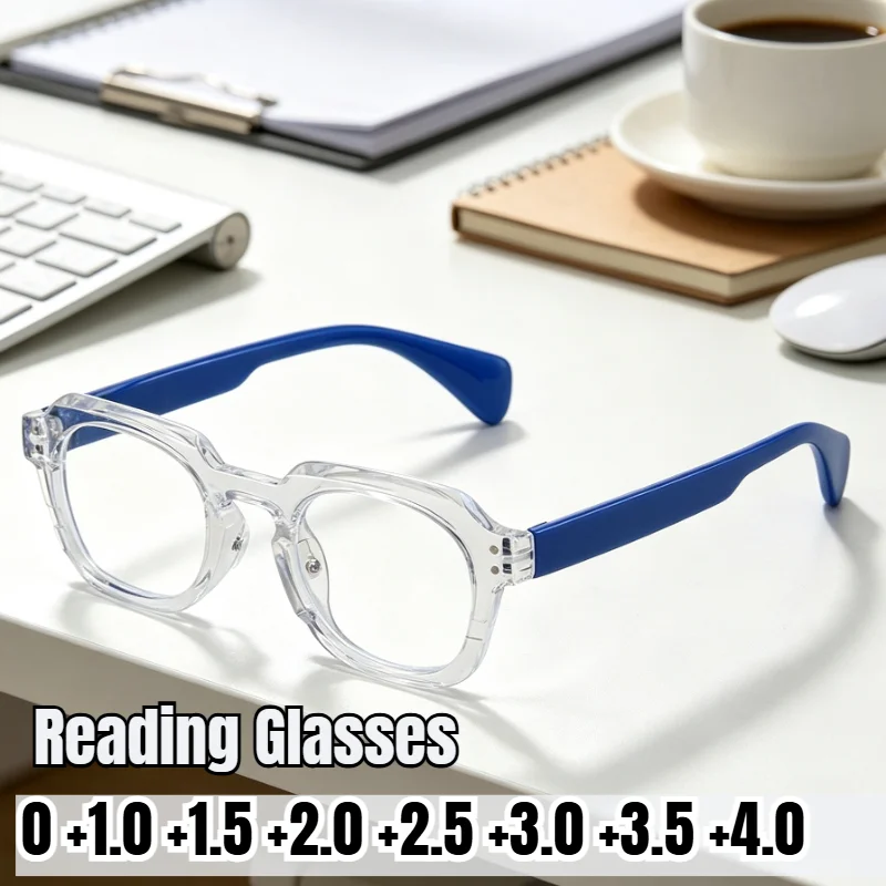Unisex Vintage Polygon Reading Glasses Thick Bold Border Artistic Texture Blue Light Filtering Presbyopia Eyewear 0 To +4.0