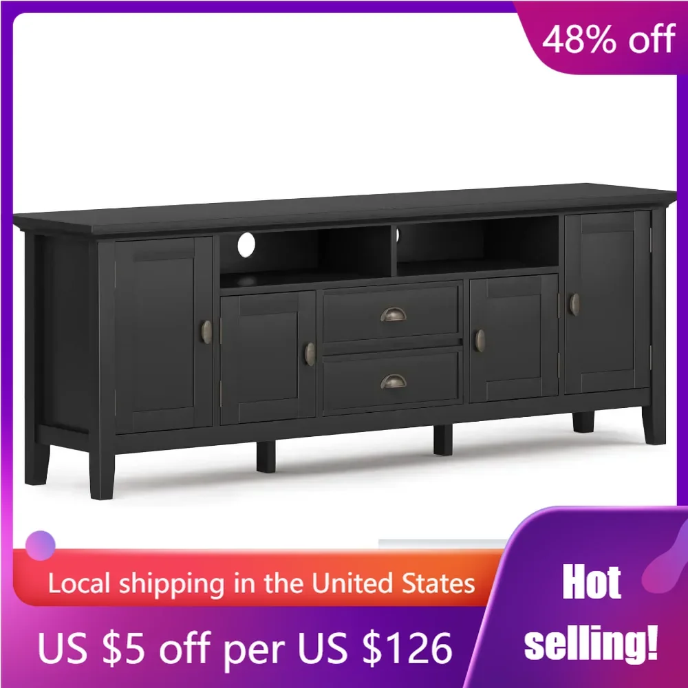 

SOLID WOOD 72 Inch Wide Transitional TV Media Stand in Black For TVs Up to 80 Inches Modern Living Room Tv Cabinet Freight free