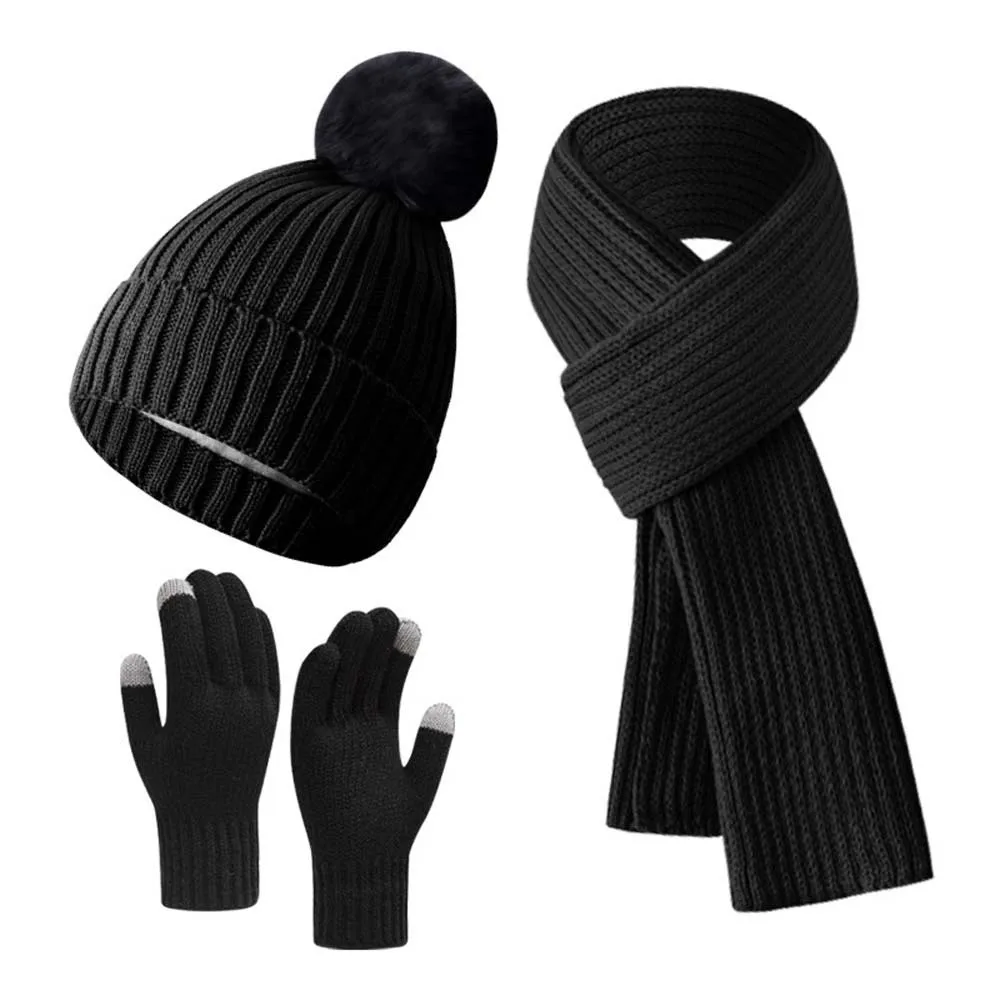 Fashion Elastic Scarf and Hat Set Warmer Mittens Touch Screen Cold Proof Gloves Solid Color Soft Knitted Scarf Daily