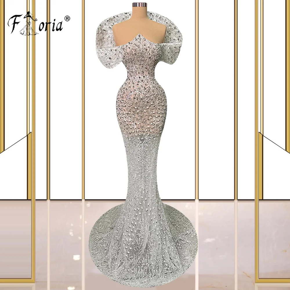 Gorgeous Full Beading Crystal Mermaid Evening Dress Off Shoulder Illusion Long Wedding Party Gown Dubai Woman Special Dresses