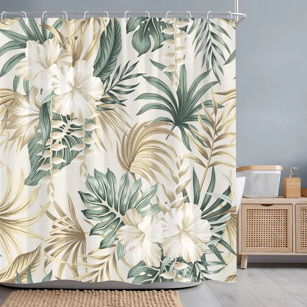 Tropical Botanical Flower Shower Curtain Beige Green Palm Leaf Flower Scandinavian Decor Bathroom Polyester Shower Curtains Set