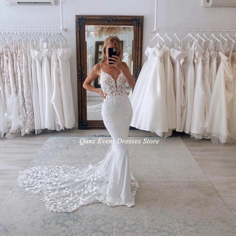 Qanz Mermaid Wedding Dresses Tulle Lace Appliques High Quality Bride Dress Sexy V-neck Spaghetti Straps Boho Vestidos De Fiesta