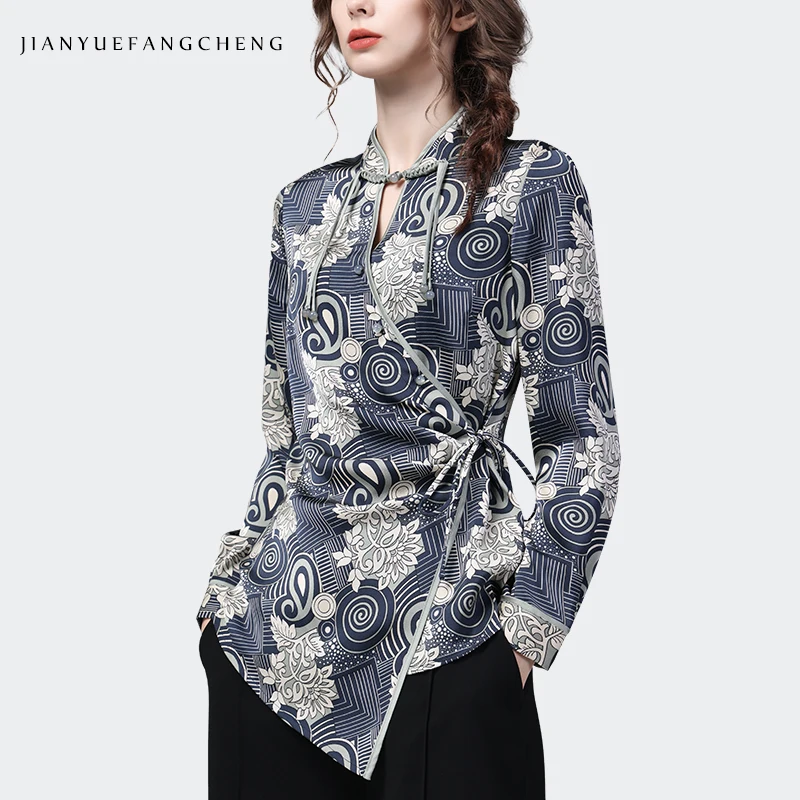 Vintage Bohemian Style Women' Printed Satin Shirt 2024 Spring Summer Long Sleeve Stand Collar Belt Lace-up Top Fashion Blouses