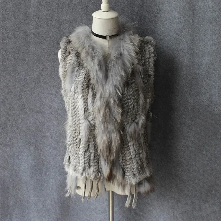 Genuine Rabbit Fur Woven Vest Raccoon Dog Fur Collar Sleeveless Jacket Winter Coat Women Knitted Thick Warm Fur Outerwear Fluffy