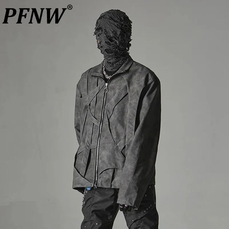 PFNW Male Jackets High Street Long Sleeve Fashion Retro Style PU Deconstructed Loose Zipper Avant-garde Darkwear Coat New 12C140