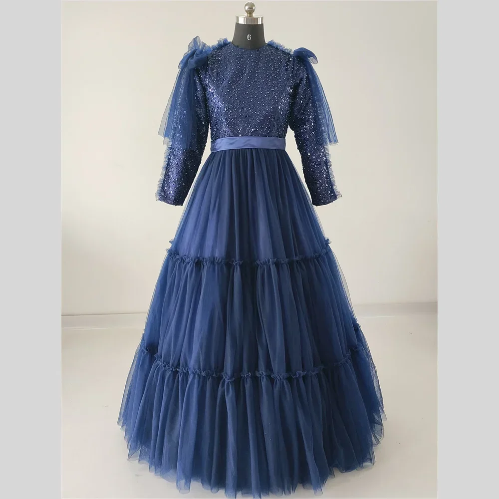 

Customized Real Photo Evening Dress Modes O-neck Full Sleeves Navy Blue Beads A-line Floor Length Plus Women Party Formal Gown